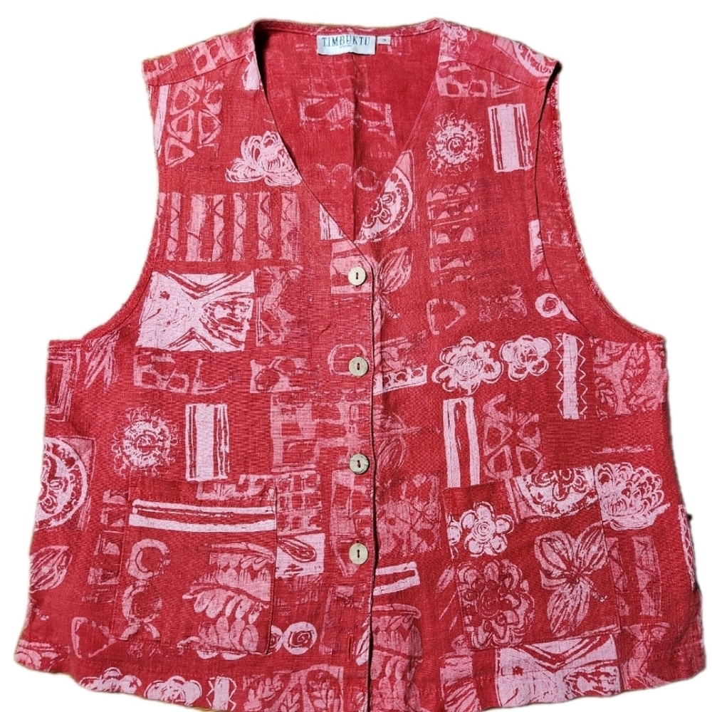 Vintage Timbuktu Station 100% Linen Vest Sz 3 (L/XL) Red Abstract Print